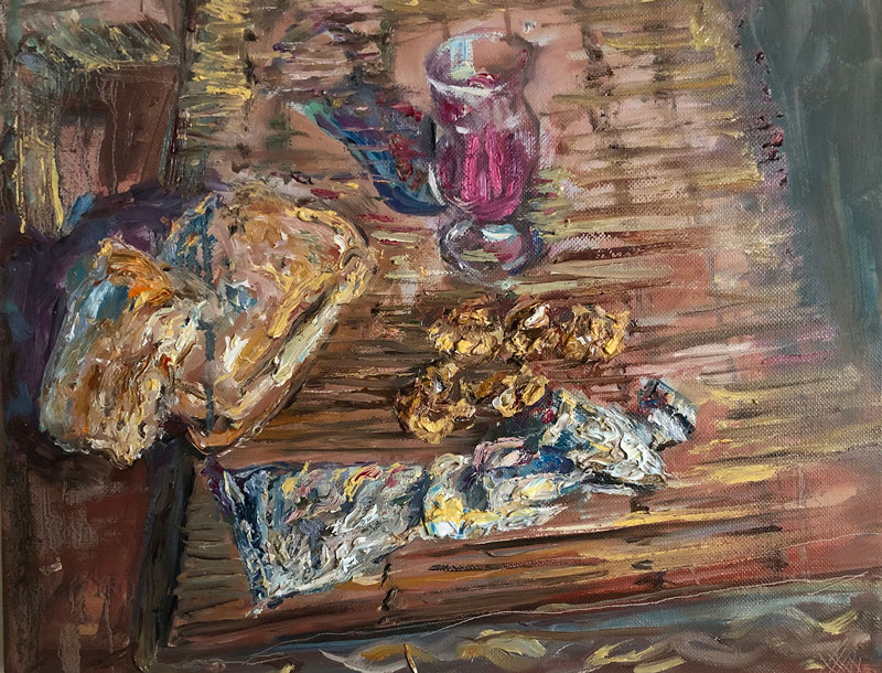 walnuts, bread, paint with wine, Oil on Canvas
